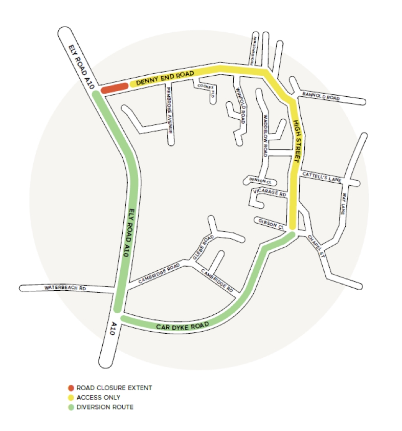 diagram of diversion route. Showing road closure on Denny Abbey road at the junction of Ely Road A10 and access only from the junection to the junction of High Street and Chapel Street