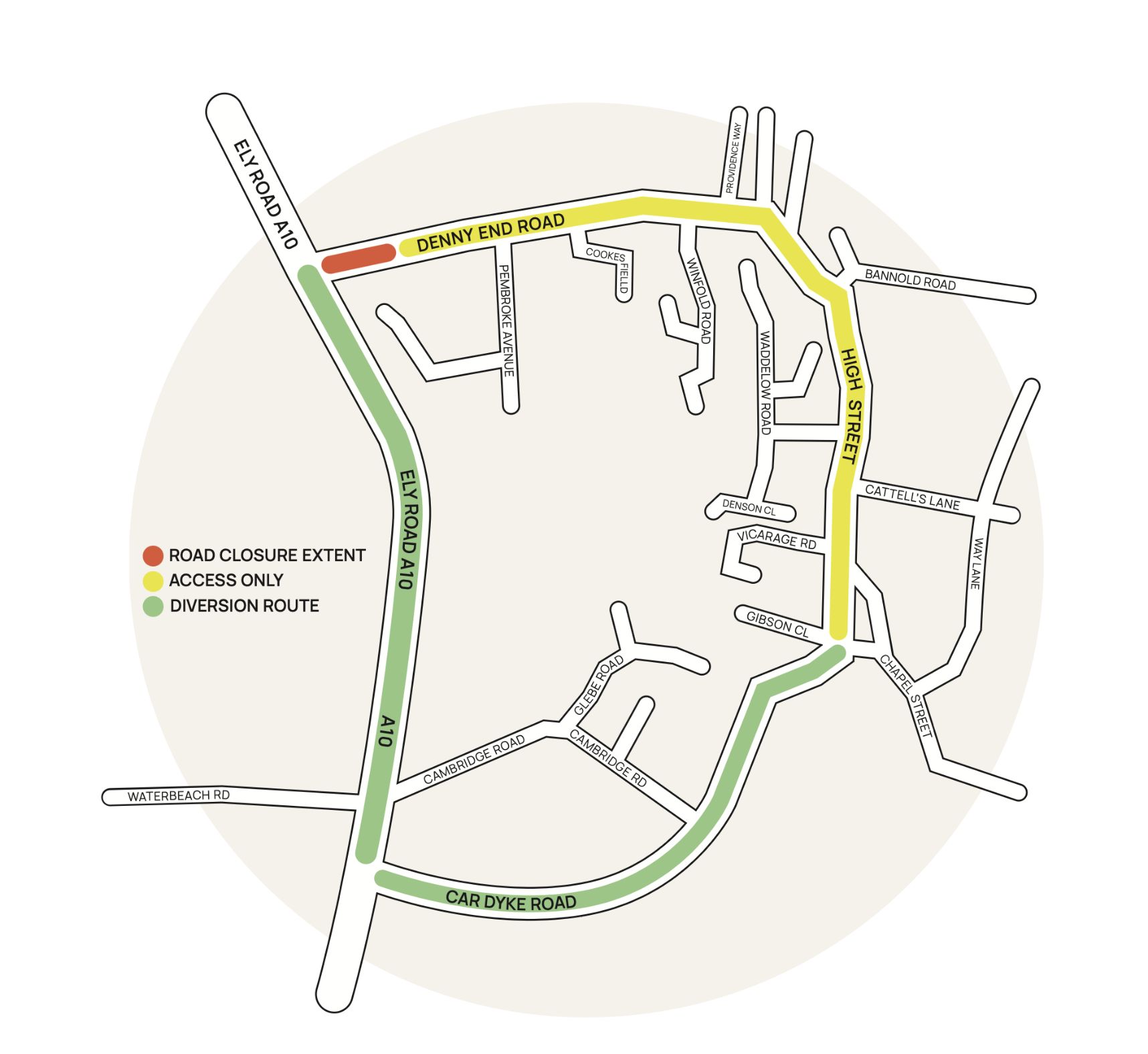diagram of diversion route. Showing road closure on Denny Abbey road at the junction of Ely Road A10 and access only from the junection to the junction of High Street and Chapel Street