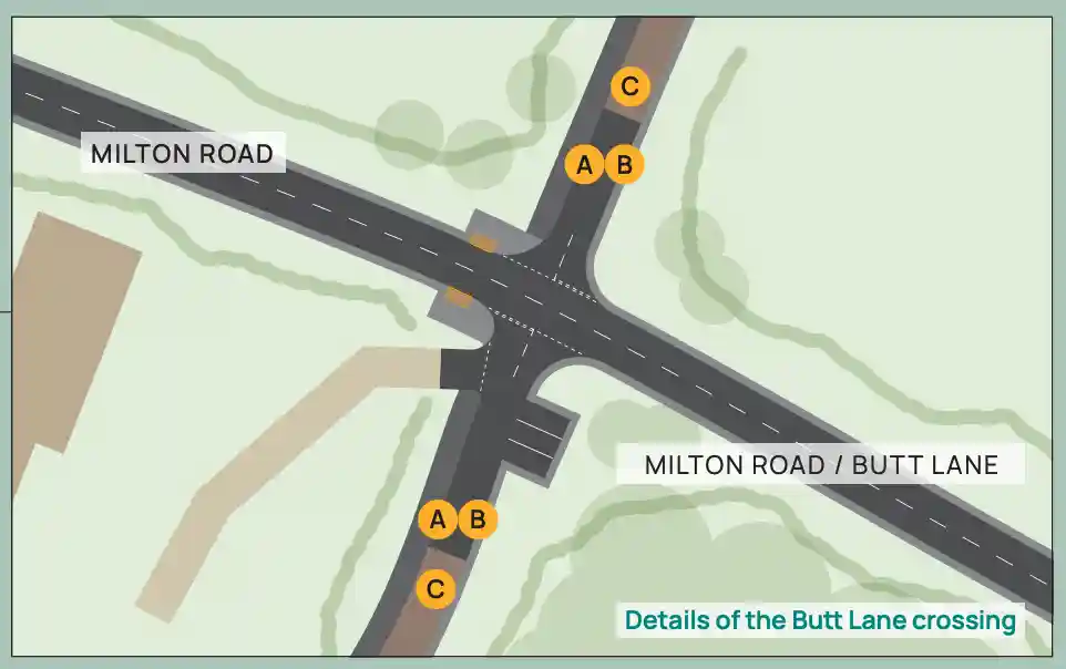 Map of Mere Way showing the Butt Lane crossing
