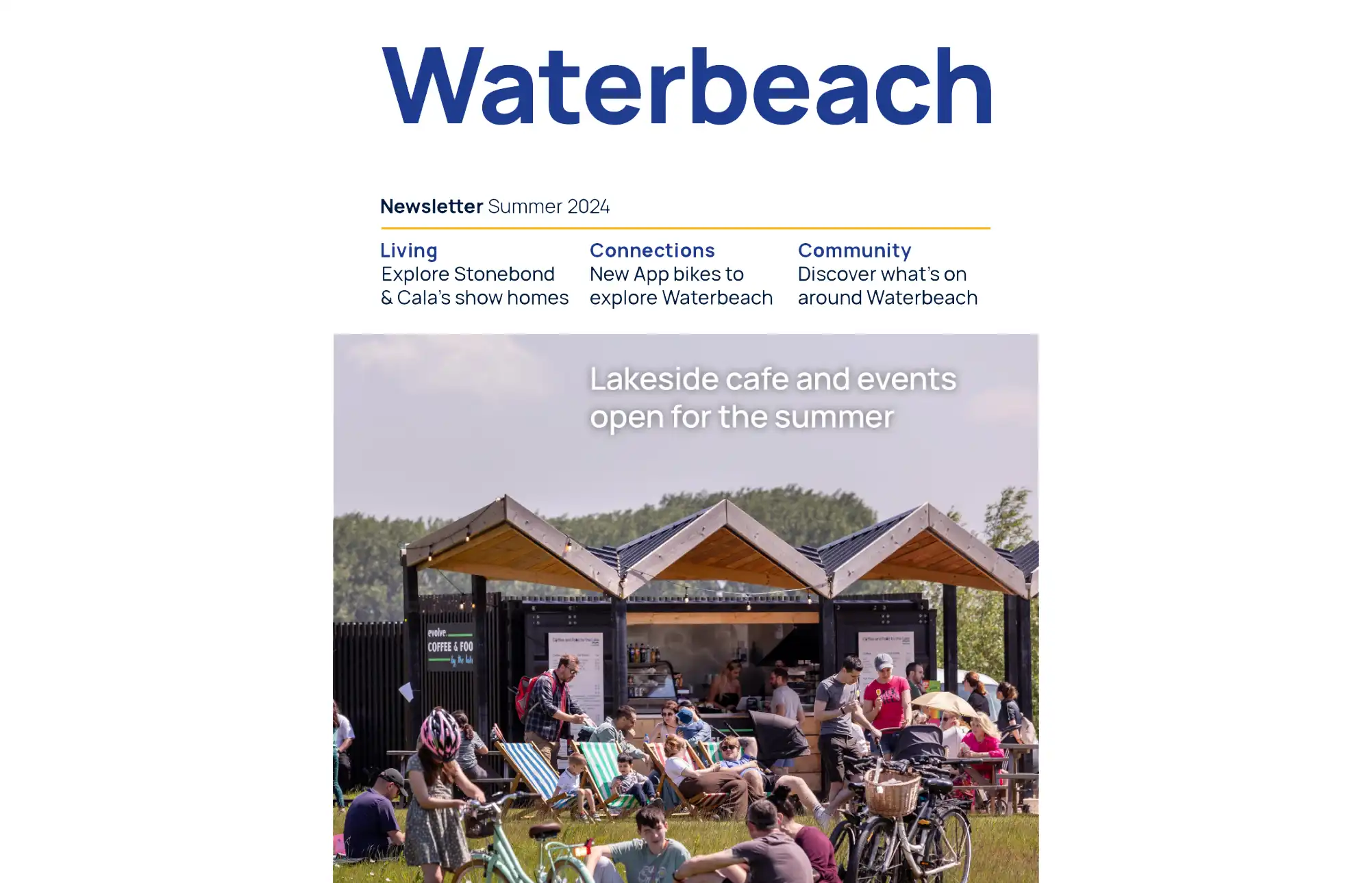 Waterbeach newsletter summer 2024 cover image showing people sitting outside in the sun