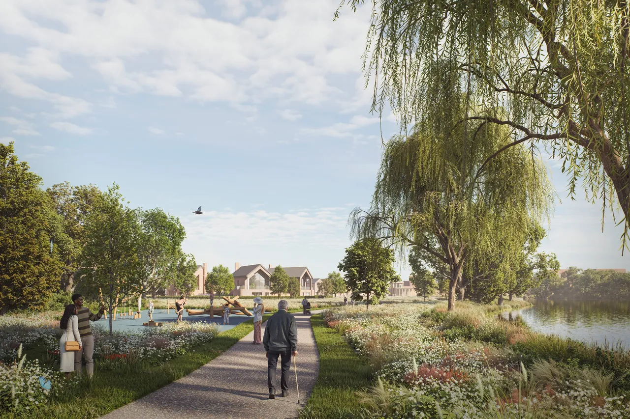 A scenic lakeside path and children's play area within the green infrastructure of Phase 2 of Waterbeach.