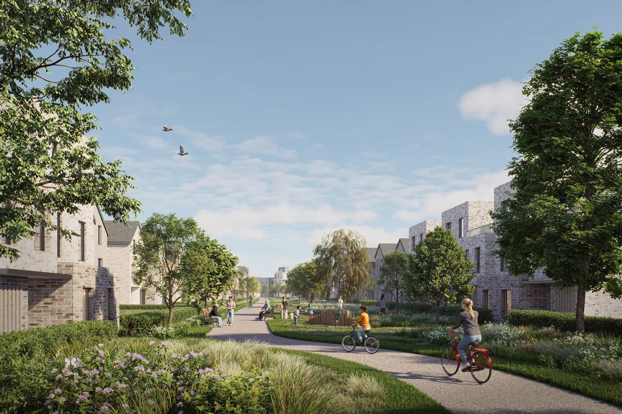 Cyclists and pedestrians enjoy the landscaped green link and modern brick homes in Phase 2 of Waterbeach.