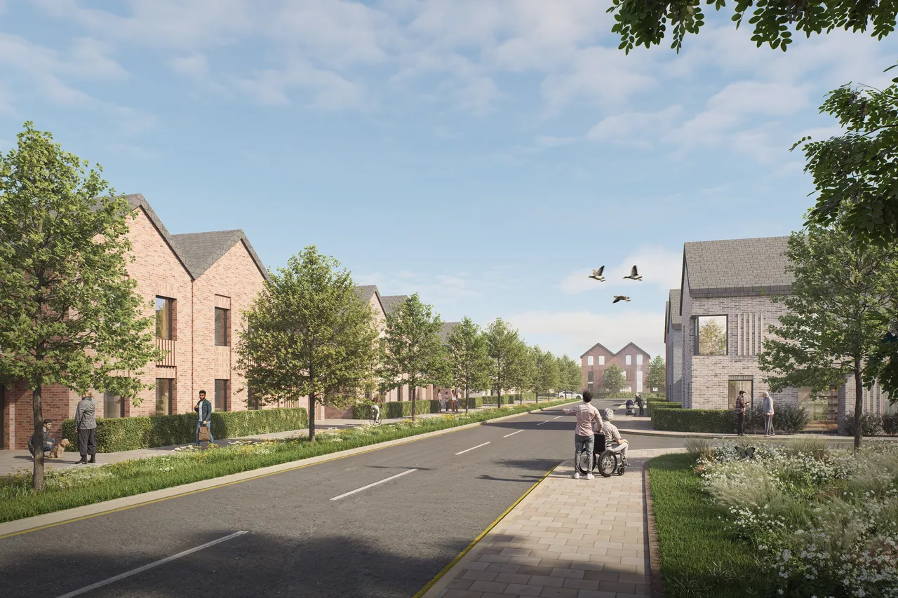 Street view of new sustainable housing and accessible walkways in Phase 2 of Waterbeach near Cambridge.