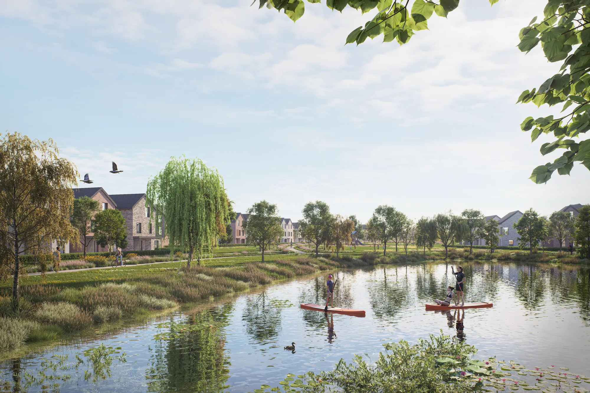 CGI image of two people paddle boarding on the Waterbeach Lake
