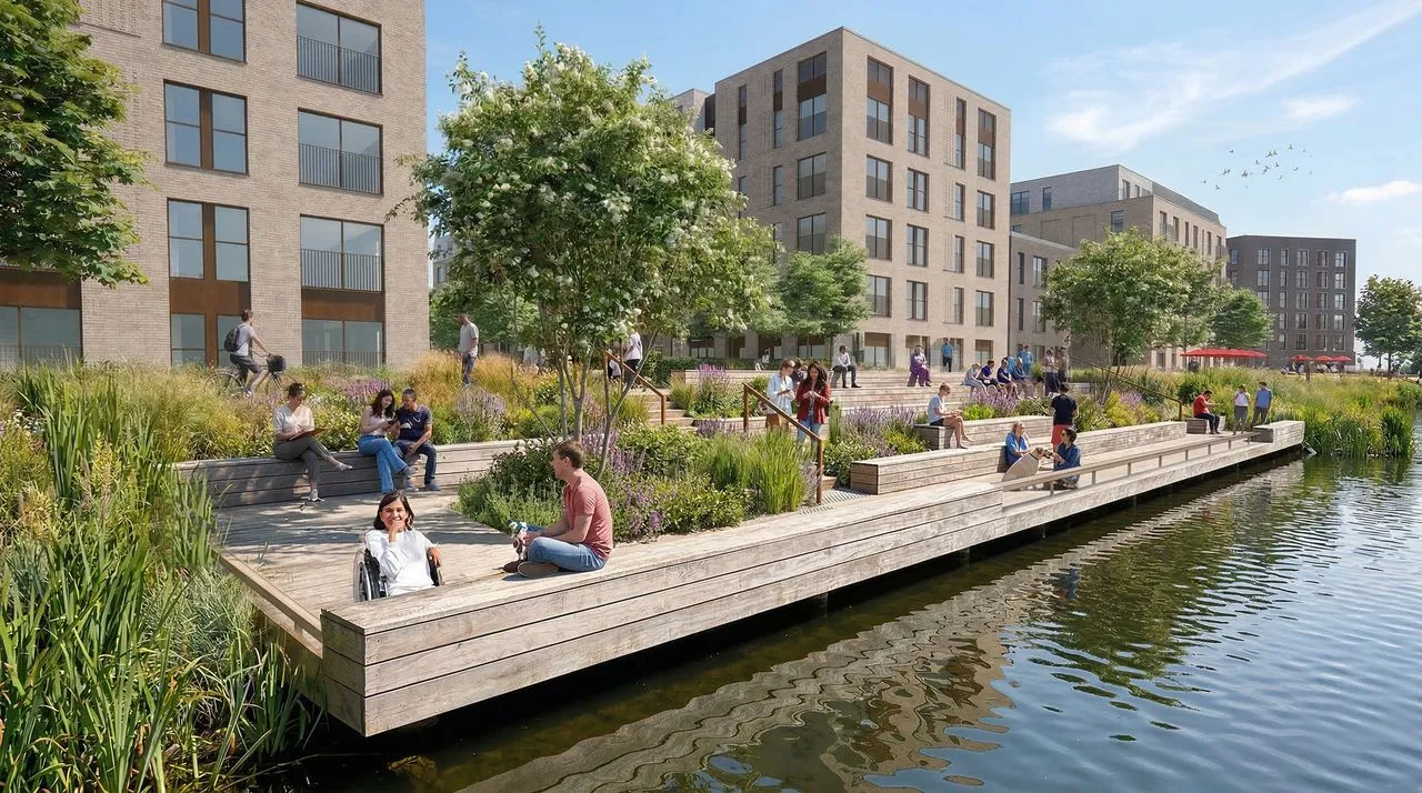 Architectural rendering of plans submitted for new lakeside boardwalk featuring accessible terraced wooden decking, landscaped gardens, and modern residential buildings at Waterbeach.